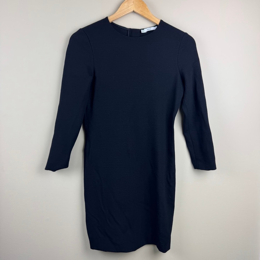 Vince Black Long Sleeve Shift Dress Textured Crepe Round Neck XS